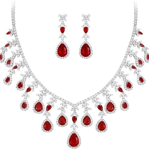 Leaf Necklace Dangle Earrings Set for Cubic Zirconia Bridal Jewelry for Women - Picture 1 of 5